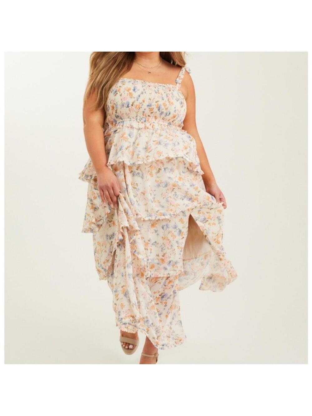 🆕 NWT Arula LOLAH Tiered Smocked Floral Maxi Dress B 2X XXL 18 Plus Sexy Slit